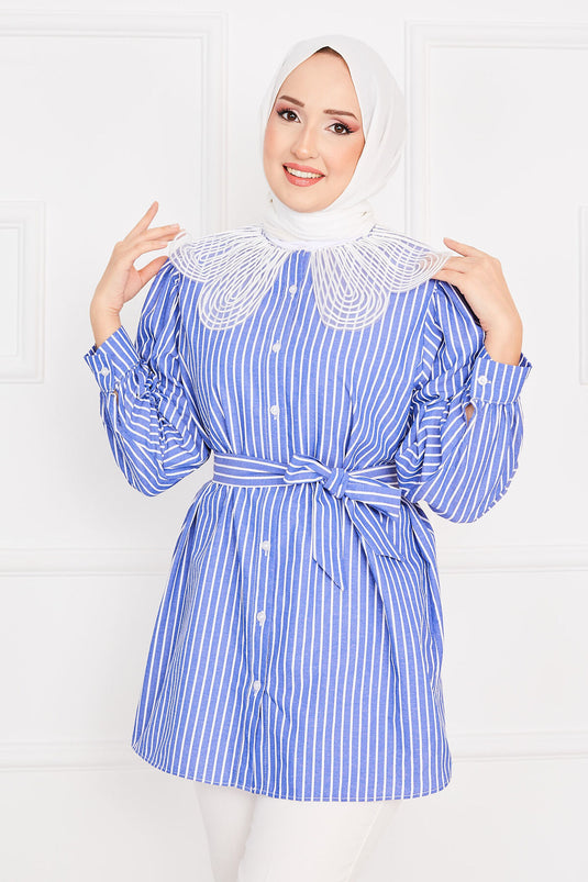 Striped Lace Collar Modest Shirt Indigo