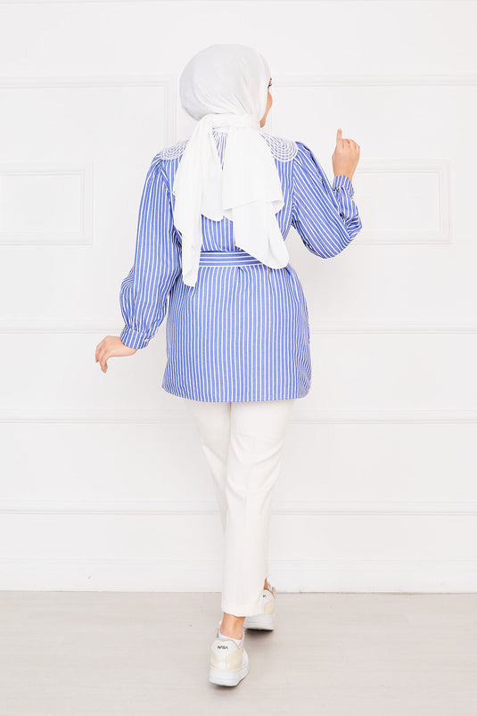 Striped Lace Collar Modest Shirt Indigo