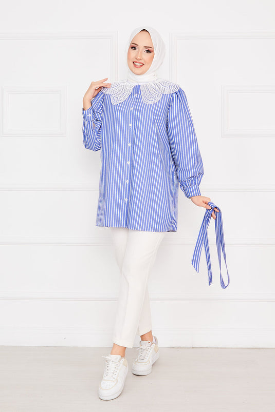 Striped Lace Collar Modest Shirt Indigo