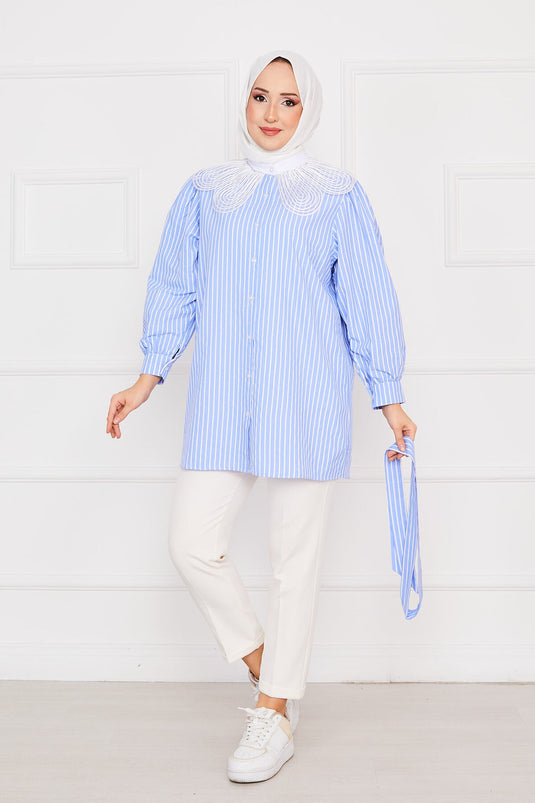 Striped Lace Collar Modest Shirt Blue