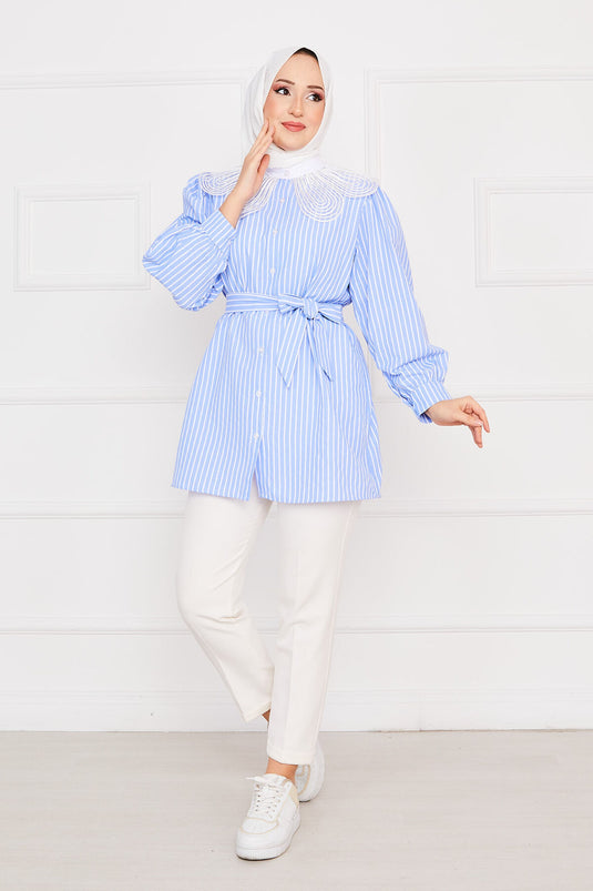 Striped Lace Collar Modest Shirt Blue