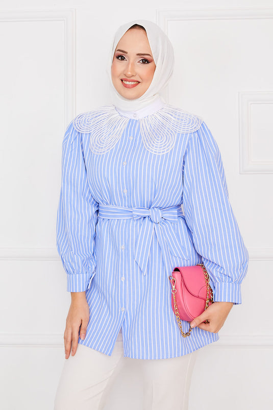 Chemise Hijab à col en dentelle rayée Bleu