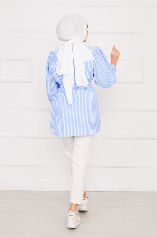 Striped Lace Collar Modest Shirt Blue