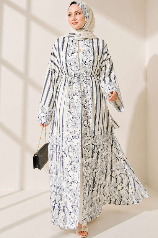 Çizgili Desenli Şal Detaylı Kimono Lacivert