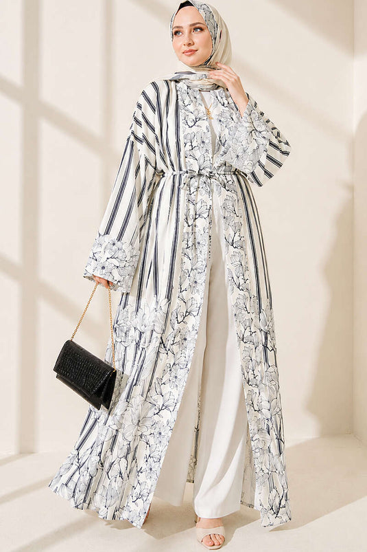 Çizgili Desenli Şal Detaylı Kimono Lacivert
