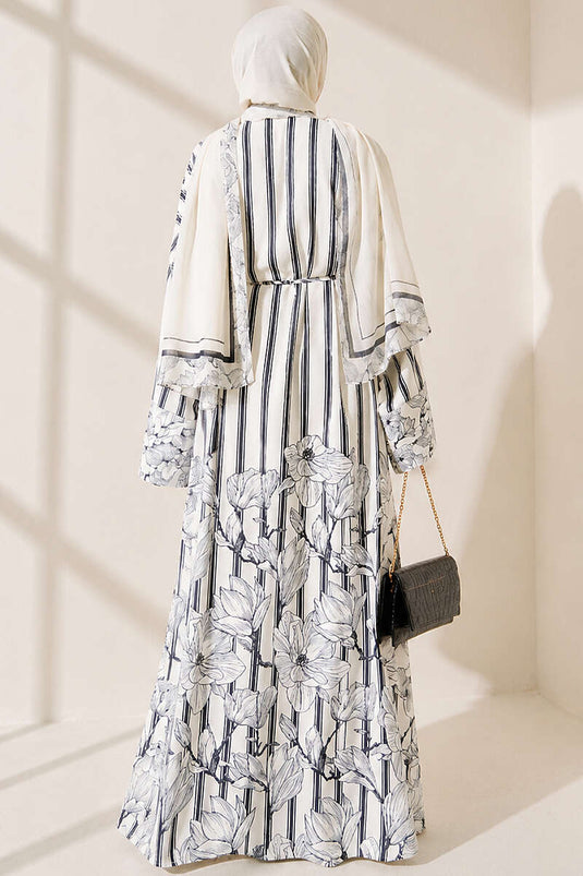 Çizgili Desenli Şal Detaylı Kimono Lacivert