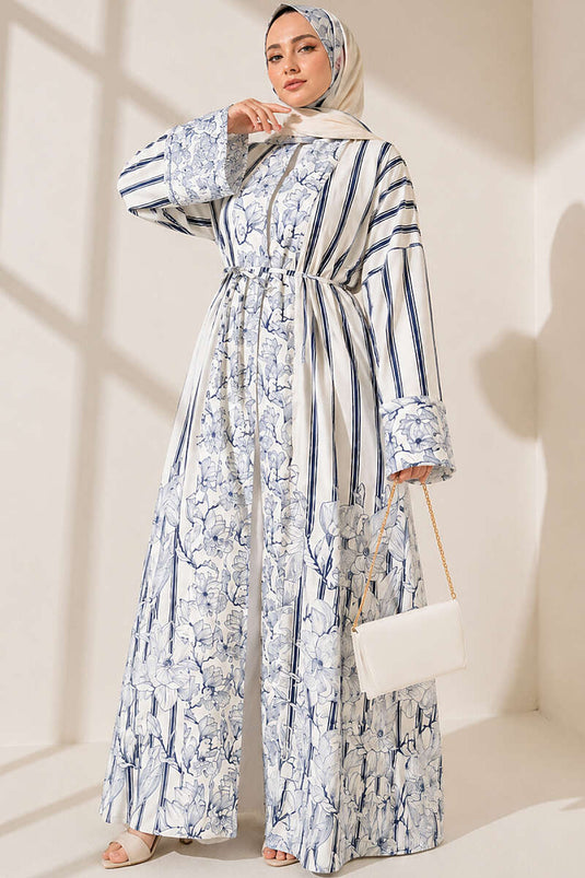 Çizgili Desenli Şal Detaylı Kimono Siyah