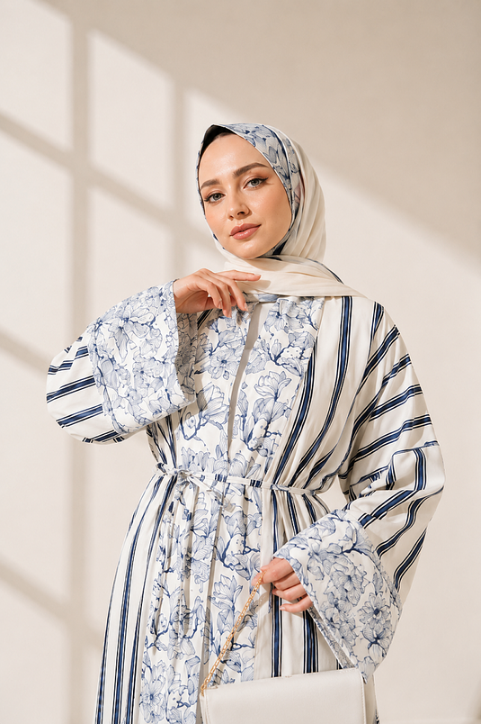 Çizgili Desenli Şal Detaylı Kimono Siyah