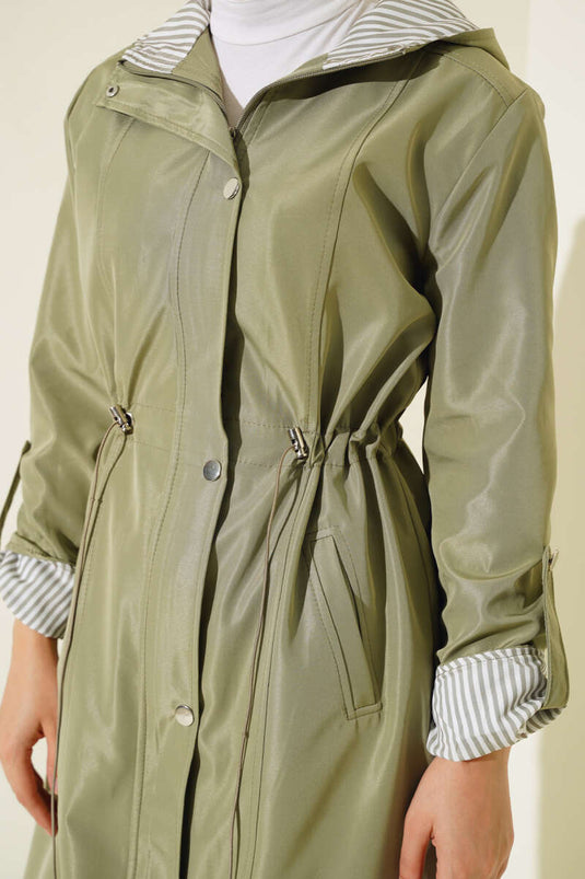 Striped Detailed Trench Coat Sage Green