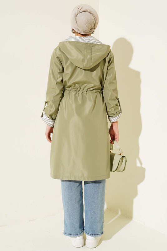 Striped Detailed Trench Coat Sage Green