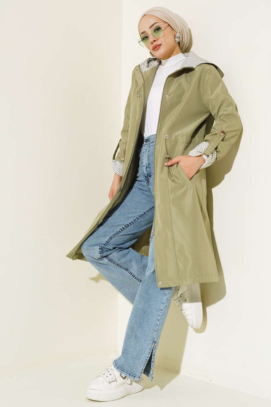 Striped Detailed Trench Coat Sage Green