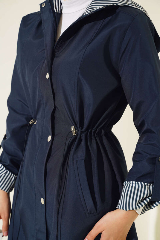 Striped Detailed Trench Coat Navy Blue