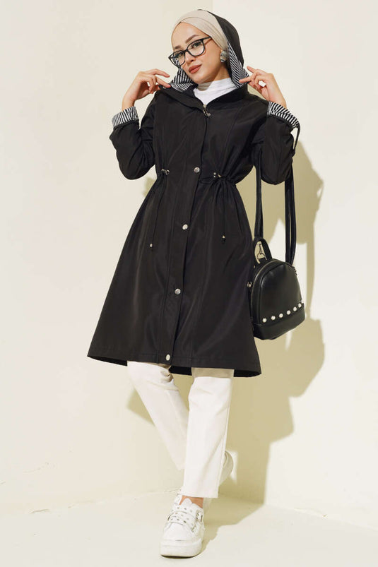 Striped Detailed Trench Coat Black