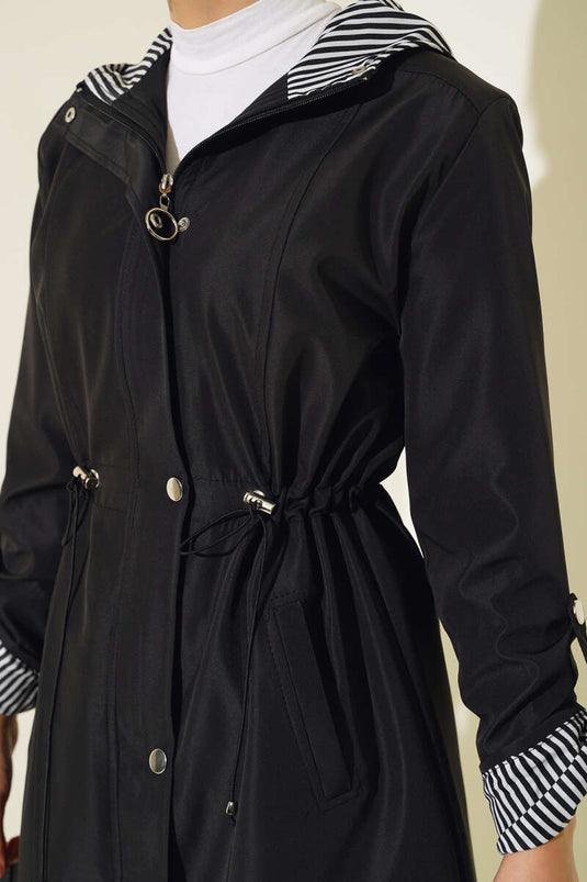 Striped Detailed Trench Coat Black