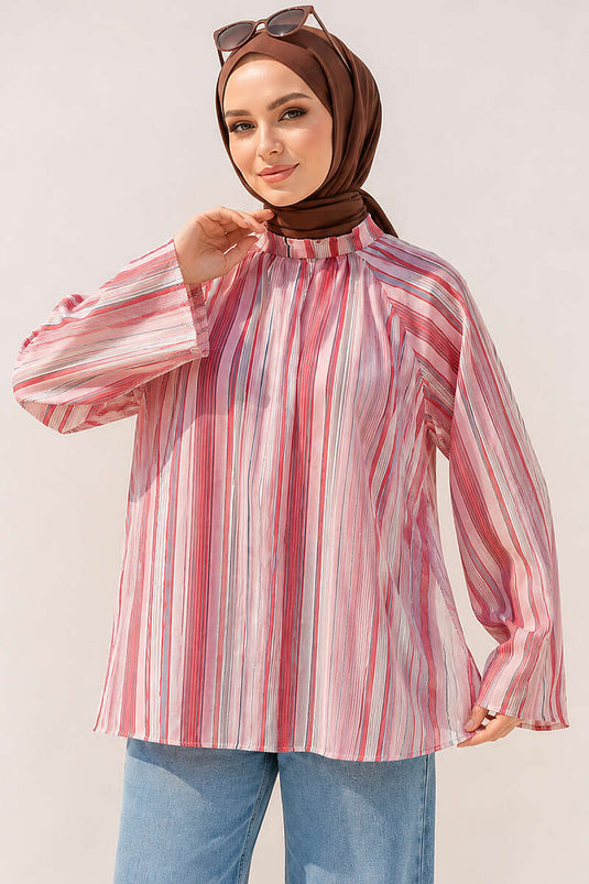 Çizgili Dik Yaka Tunik Pembe