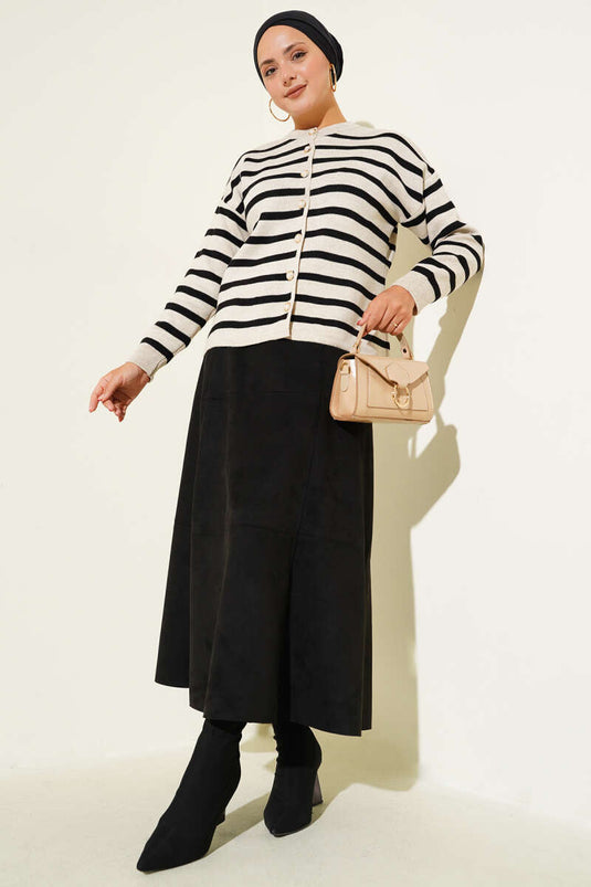 Striped Button Detailed Short Knit Cardigan Beige