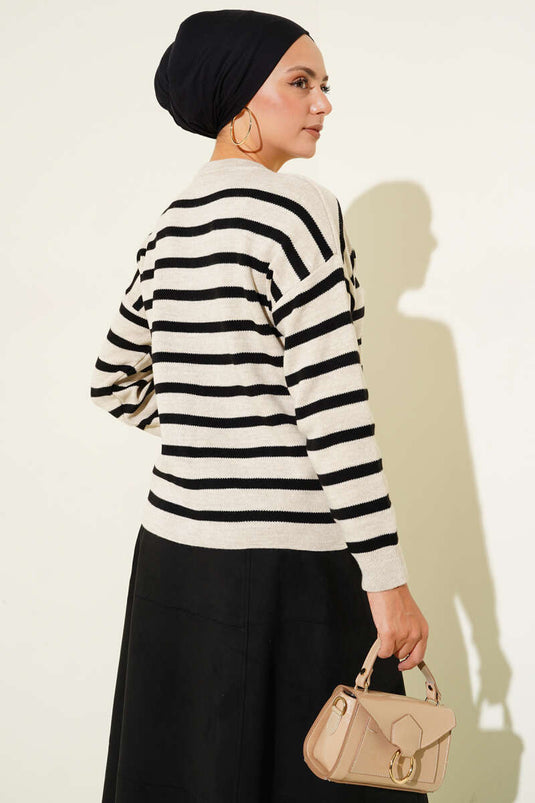 Striped Button Detailed Short Knit Cardigan Beige