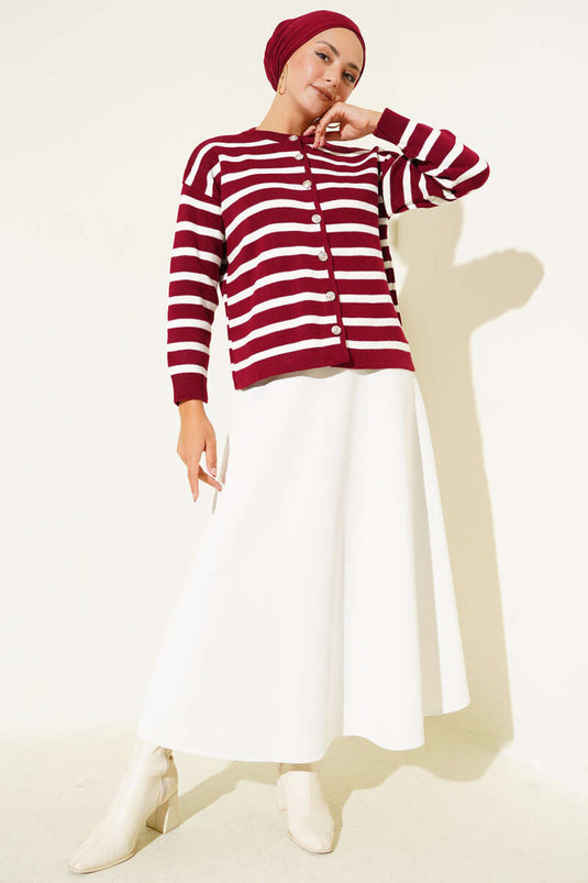 Çizgili Düğme Detaylı Kısa Triko Hırka Bordo