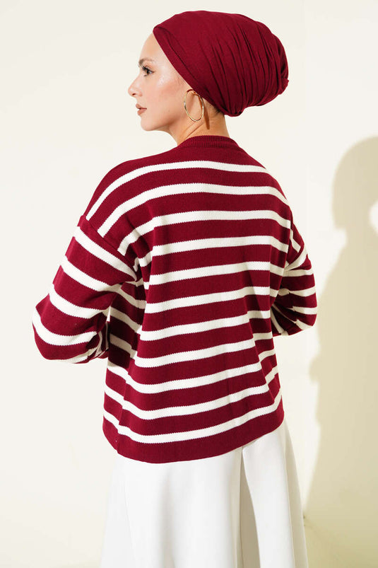 Çizgili Düğme Detaylı Kısa Triko Hırka Bordo