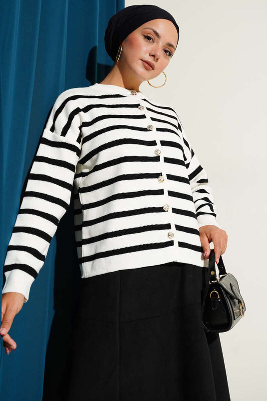 Striped Button Detailed Short Knit Cardigan Ecru