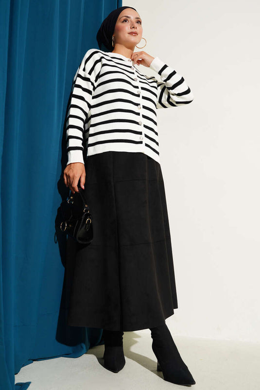 Striped Button Detailed Short Knit Cardigan Ecru