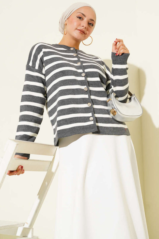 Striped Button-Detail Short Knit Cardigan Smoky Gray