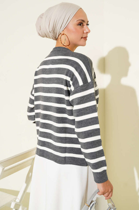 Striped Button-Detail Short Knit Cardigan Smoky Gray