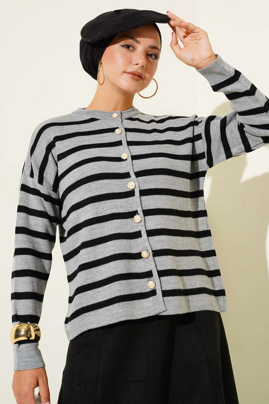 Striped Button Detailed Short Knit Cardigan Gray