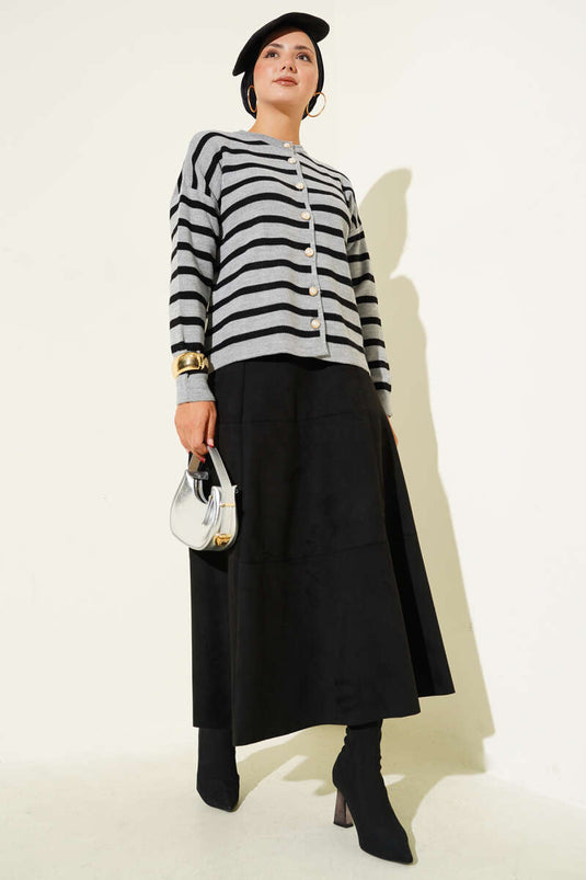 Striped Button Detailed Short Knit Cardigan Gray