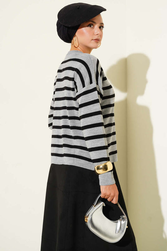 Striped Button Detailed Short Knit Cardigan Gray