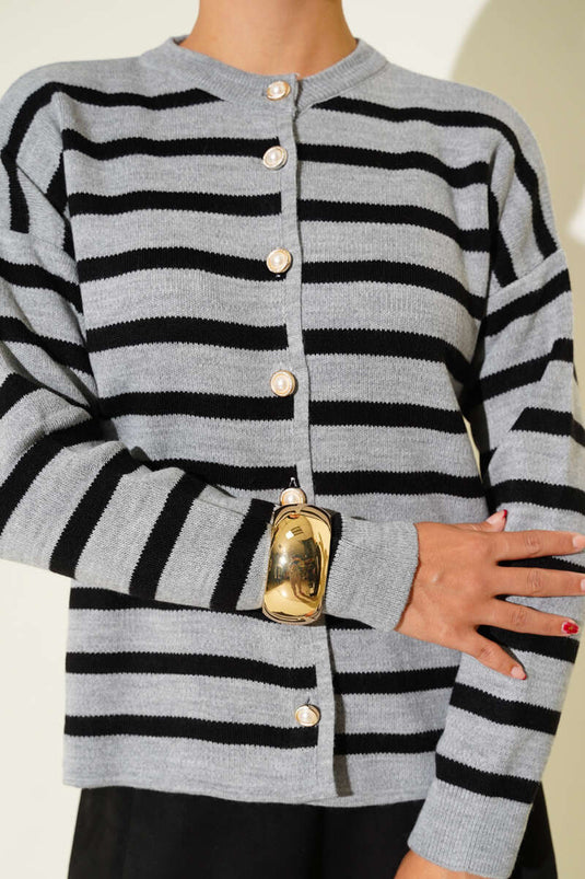 Striped Button Detailed Short Knit Cardigan Gray