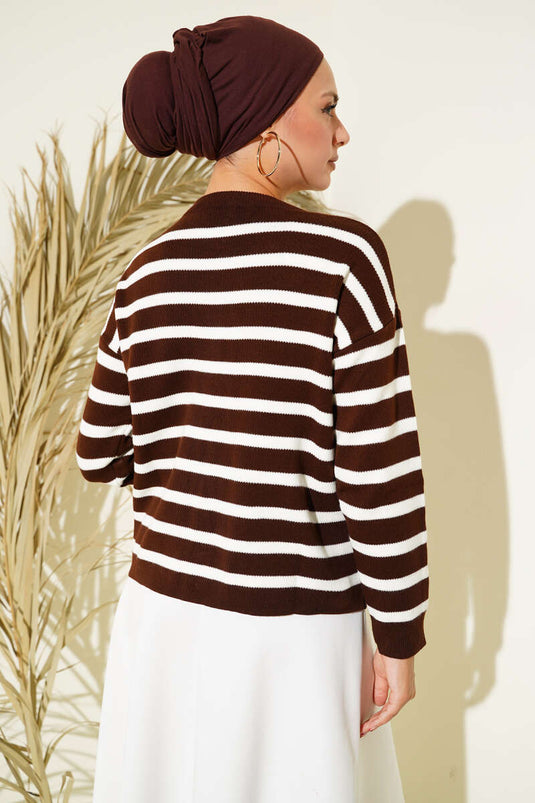 Çizgili Düğme Detaylı Kısa Triko Hırka Kahve