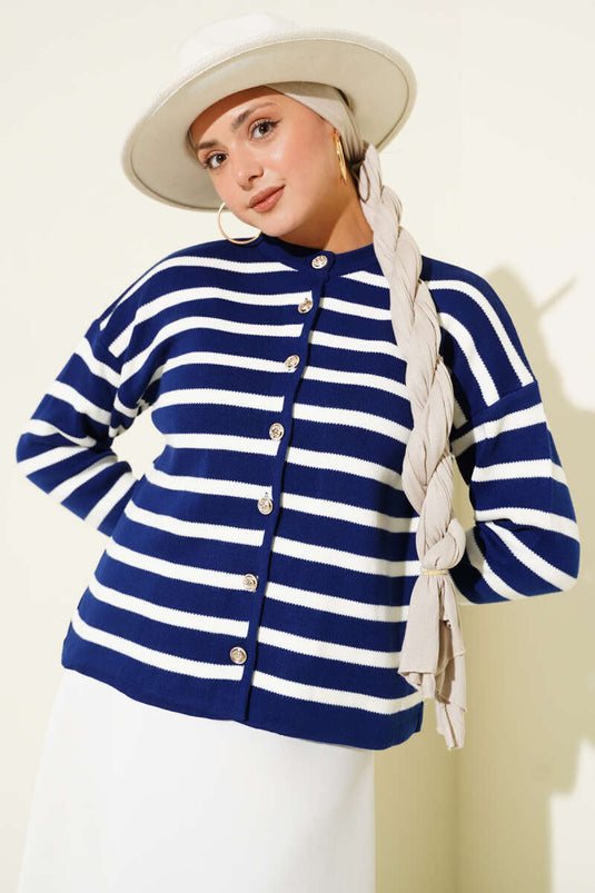 Striped Button Detailed Short Knit Cardigan Navy Blue