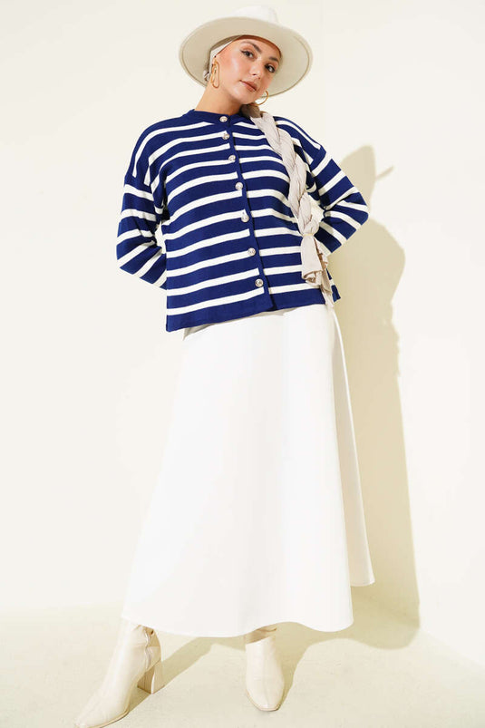 Striped Button Detailed Short Knit Cardigan Navy Blue