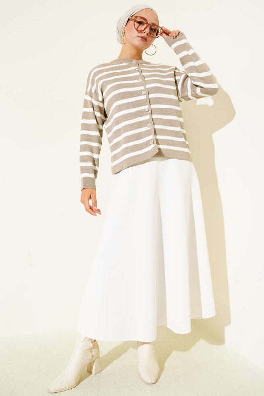 Striped Button Detailed Short Knit Cardigan Latte