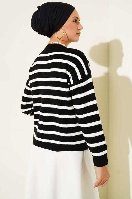 Çizgili Düğme Detaylı Kısa Triko Hırka Siyah