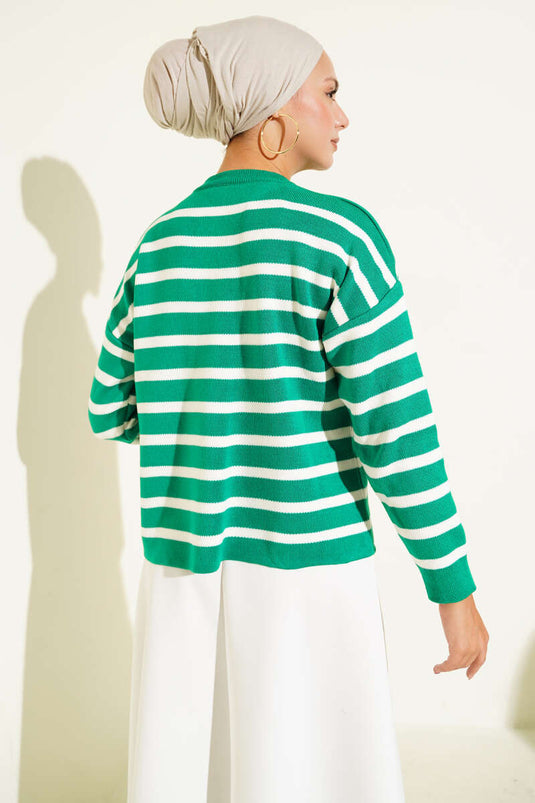Striped Button Detailed Short Knit Cardigan Green
