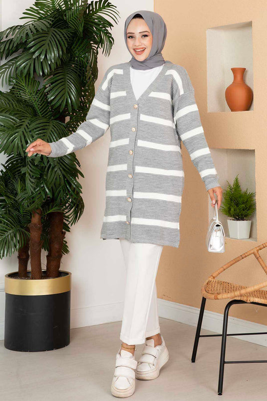 Gestreifter Strick-Cardigan mit Knopfdetail in Grau