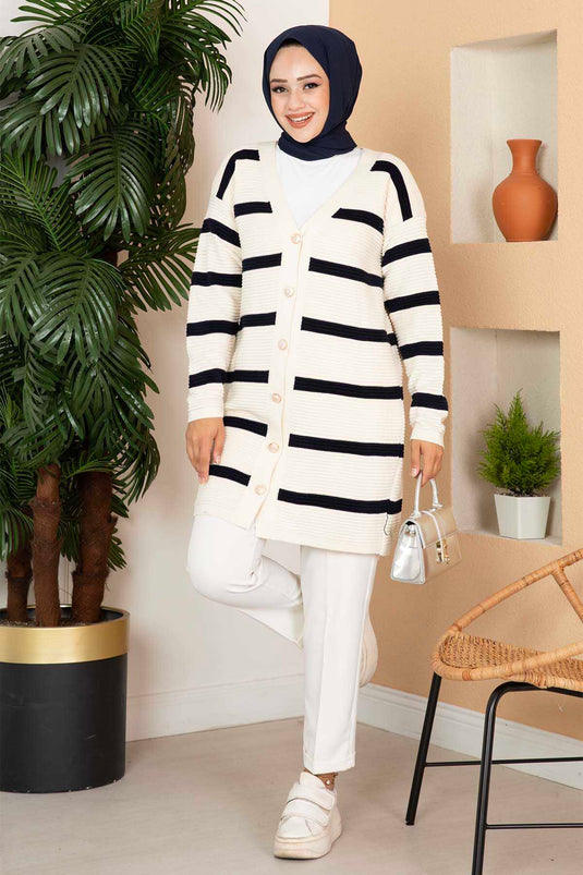 Striped Button Detail Knit Cardigan Cream-Navy