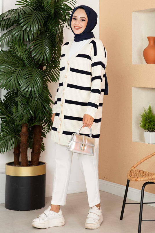 Striped Button Detail Knit Cardigan Cream-Navy