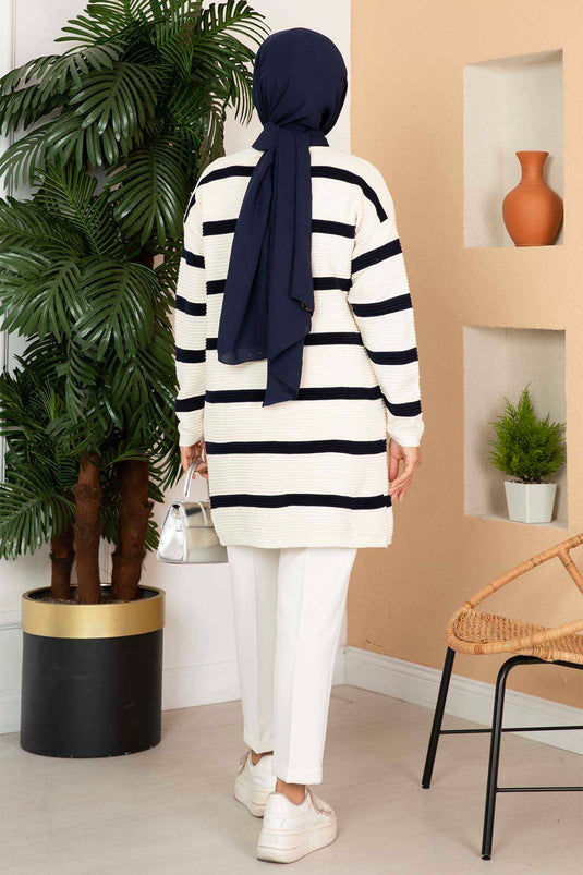 Striped Button Detail Knit Cardigan Cream-Navy