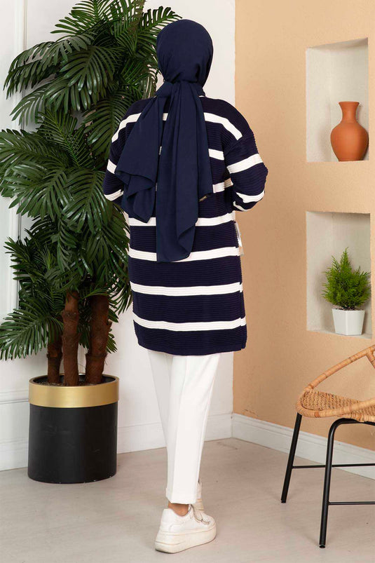 Cardigan in maglia con bottoni a righe blu navy