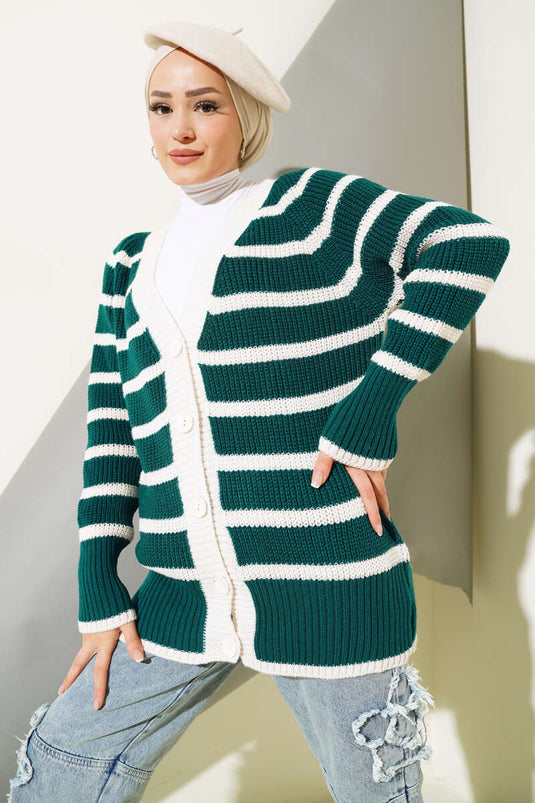 Striped Buttoned Knit Cardigan Sage