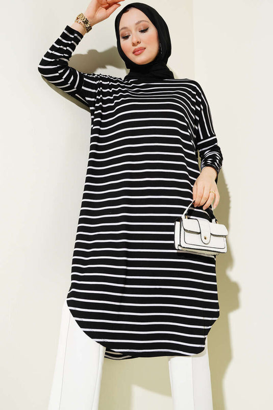Striped Off-Shoulder Black Tunic