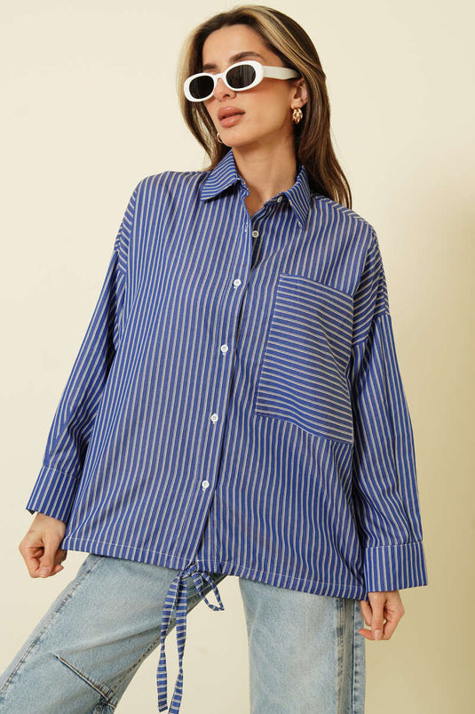 Striped Hem Tunic Shirt Blue