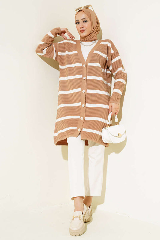 Striped Ribbed Oversized Knit Cardigan Biscuit