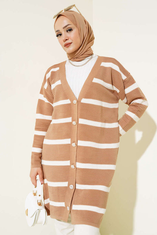 Striped Ribbed Oversized Knit Cardigan Biscuit