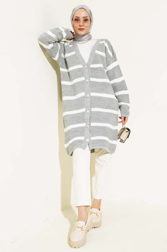 Striped Ribbed Oversized Knit Cardigan Gray