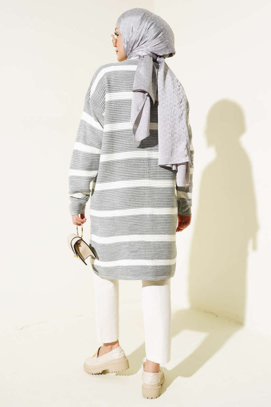 Striped Ribbed Oversized Knit Cardigan Gray