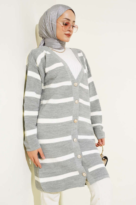 Striped Ribbed Oversized Knit Cardigan Gray